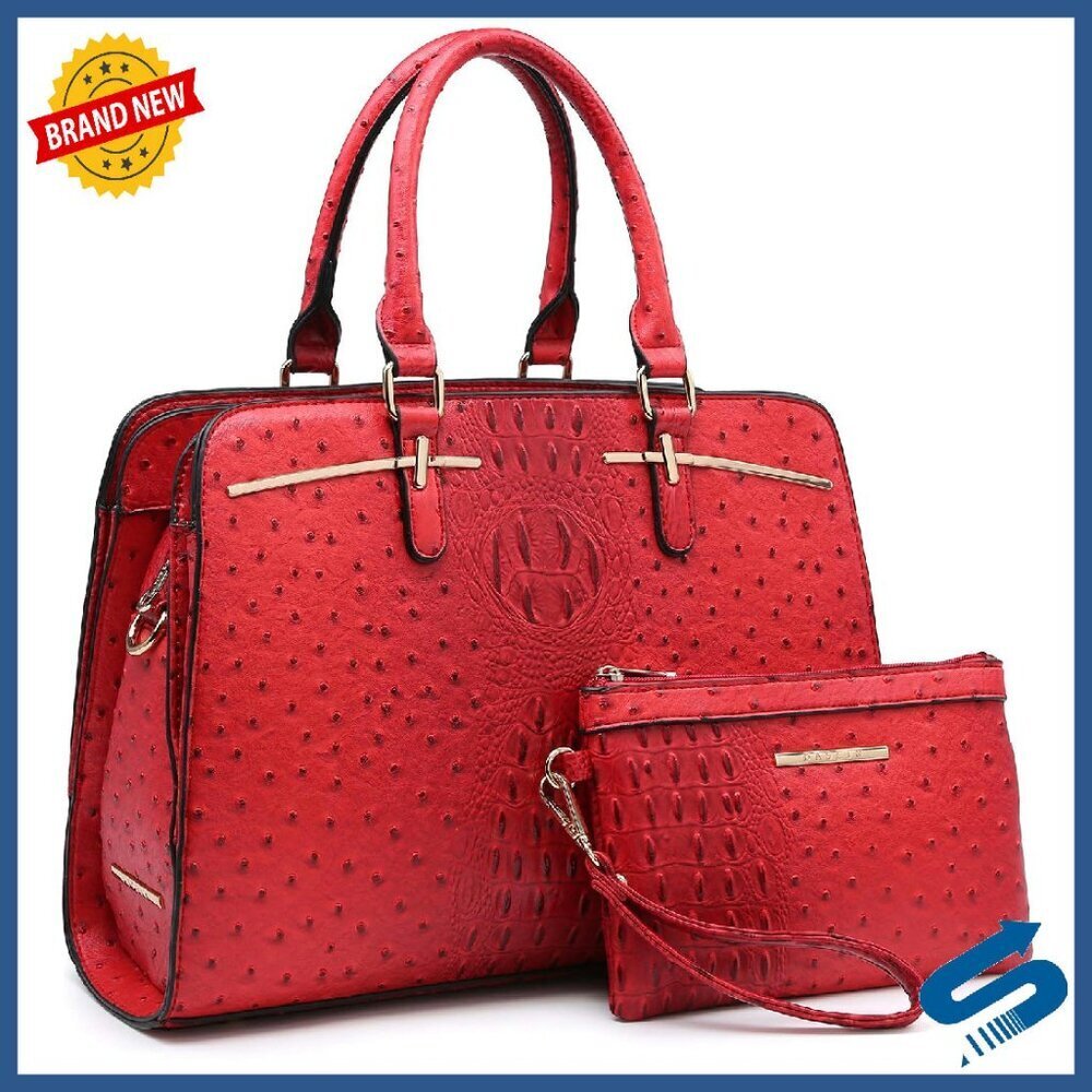 Vegan Leather Satchel Purse Set with 3 Compartments & Adjustable Strap